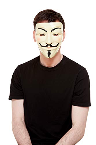 White Guy Fawkes mask worn by a person in a black shirt.