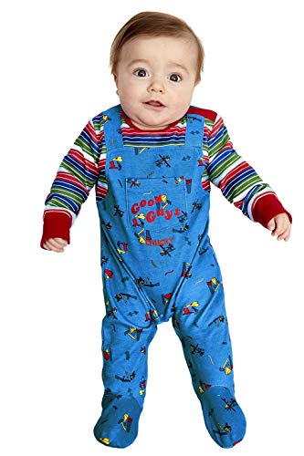 Baby wearing blue "Chucky" costume over a striped shirt, standing against a white background.