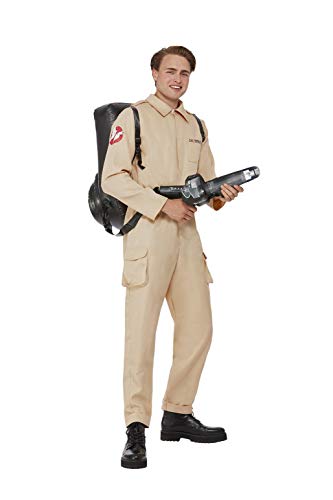 Man in a beige Ghostbusters jumpsuit with proton pack and blaster.