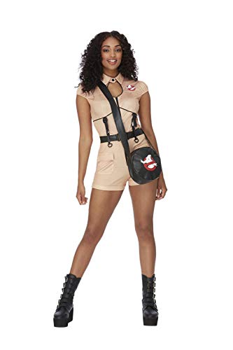 A woman wears a beige Ghostbusters romper costume with a shoulder bag and boots.