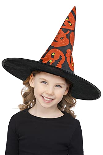 Child wearing a black and orange pumpkin-patterned witch hat.