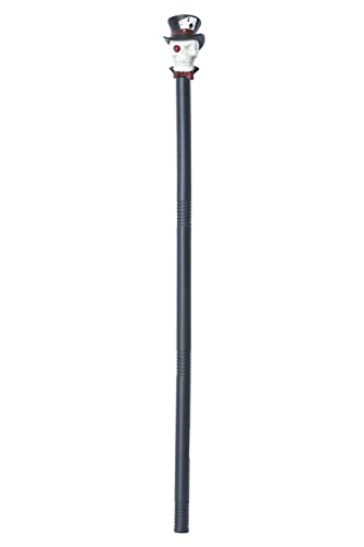 Black cane topped with a white skull wearing a small black top hat.