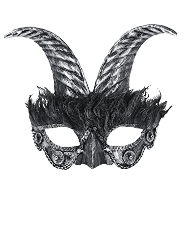 Silver and black horned masquerade mask with feathered edges.