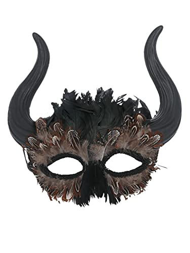 Brown feathered Venetian mask with two large black curved horns.