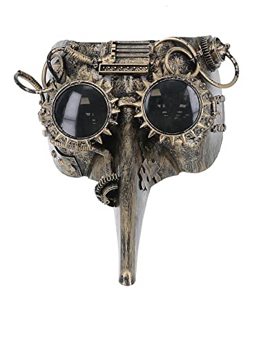 Bronze steampunk plague doctor mask with goggles and long beak.