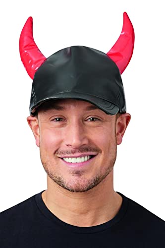 Black cap with red devil horns worn by a smiling man.