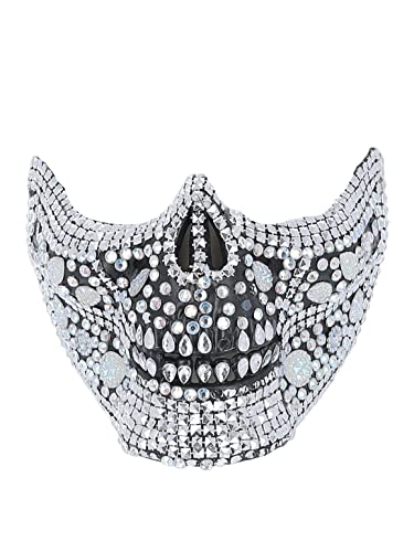 Silver crystal skull half mask with black eye sockets and nose.