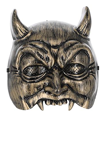 Gold devil masquerade mask with horns and menacing facial features.
