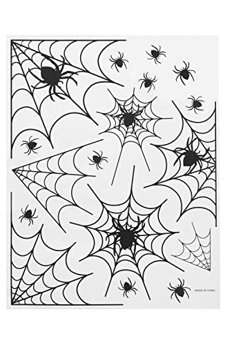 Sheet of black spider and web window stickers on a white background.