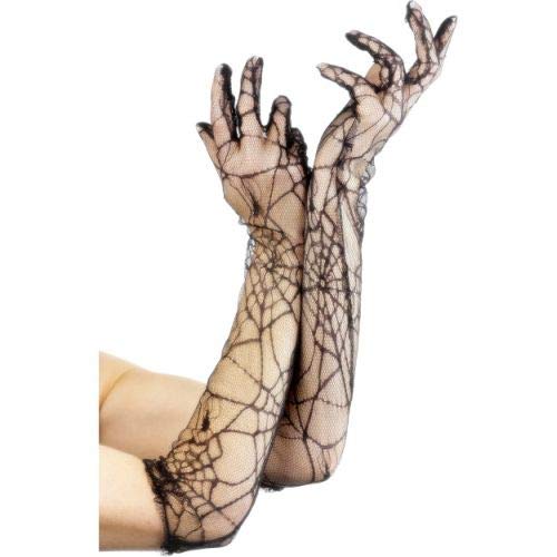 Long black lace gloves with a spiderweb pattern, shown on hands.