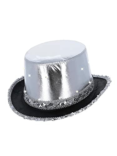 Silver metallic top hat with LED lights and black brim.