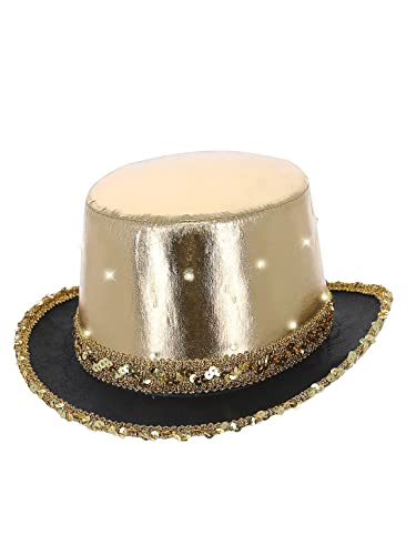 Gold metallic top hat with lights and a black, sequined brim.