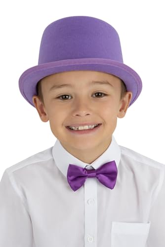 Child wearing a purple top hat and matching bow tie.
