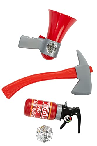 Red and grey toy firefighter kit with axe, extinguisher, and megaphone.