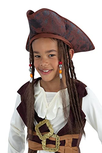 Child wearing a brown pirate hat with long dreadlocks.