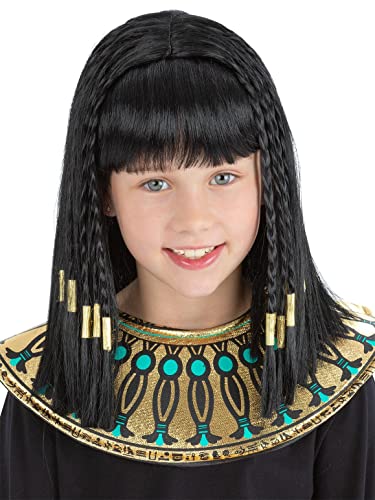 Black Cleopatra wig with braids and gold accents, worn by a girl.