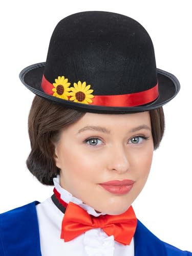 A woman wearing a black bowler hat with a red ribbon and yellow flowers.