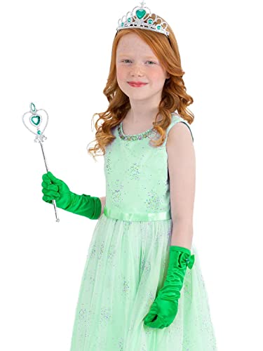 Girl in a green princess costume with a tiara and wand.