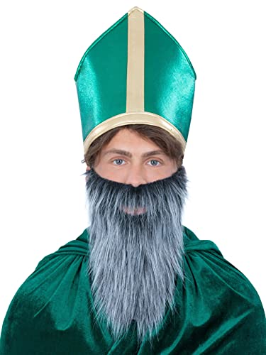 Green St. Patrick’s Day hat with gold trim, worn with a grey beard.