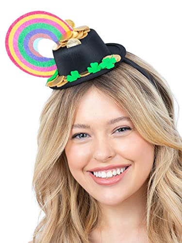 Miniature black top hat with rainbow and shamrocks on a headband.