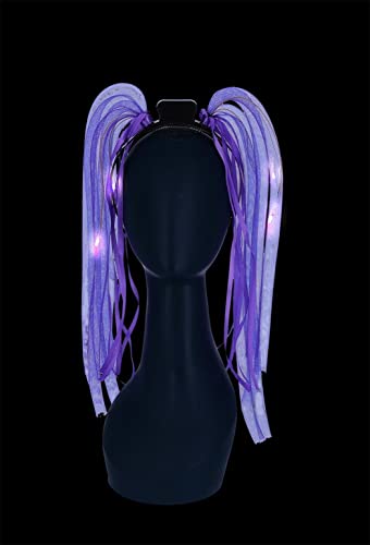 Purple spaghetti-style headband with glowing LED lights on a mannequin head.
