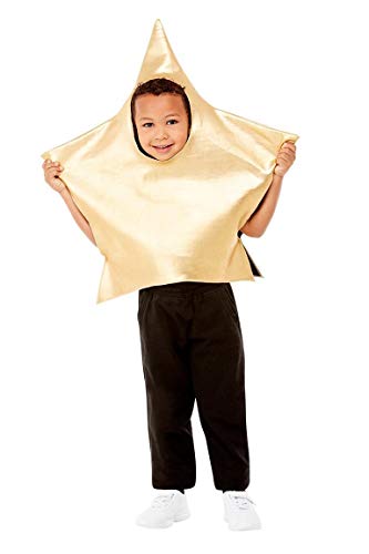 Toddler in a gold, star-shaped costume with black pants and white shoes.