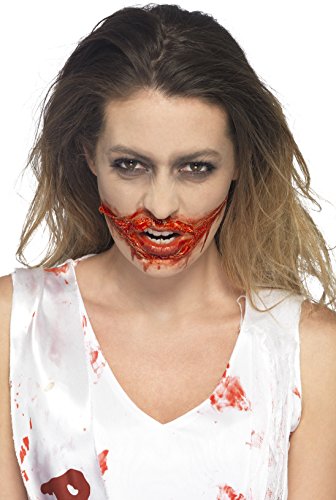 Woman with realistic fake blood and latex wound makeup effect.