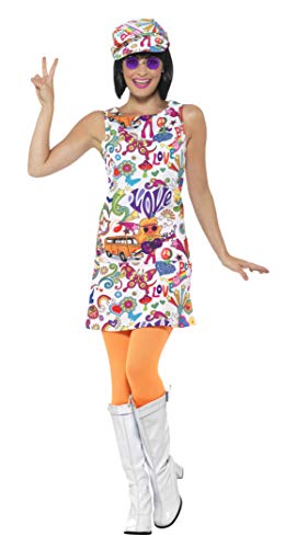 Woman in a colorful 1960s patterned dress, orange tights, and white boots.