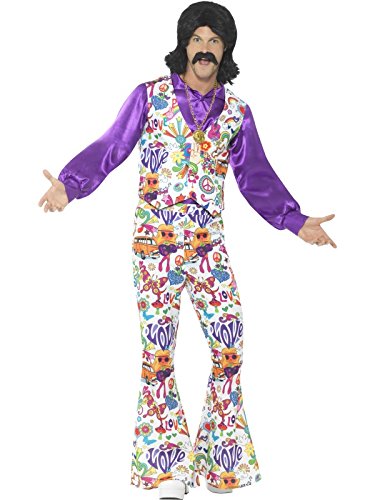 Man wearing a 1960s hippie costume with a purple shirt and patterned vest and pants.