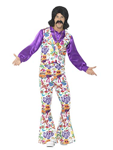Man wearing a purple shirt, patterned vest, and matching bell-bottom pants hippie costume.