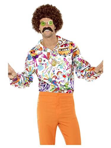 Man wearing a colorful 1960s style patterned shirt and orange pants.