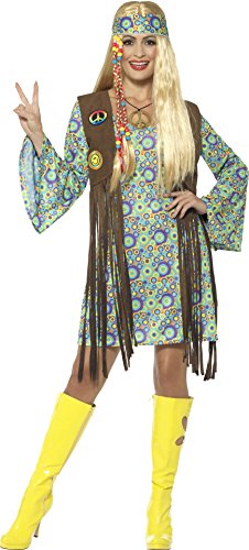 Woman wearing a multicolored 1960s hippie costume, including a dress, boots, and headband.