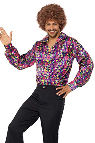 Man wearing a purple psychedelic patterned 60s style shirt.