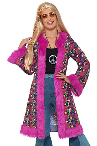 Woman wearing a long, floral patterned coat with pink fur trim.