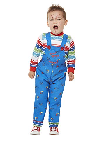 Toddler in a blue Chucky costume with striped shirt and fake scars.