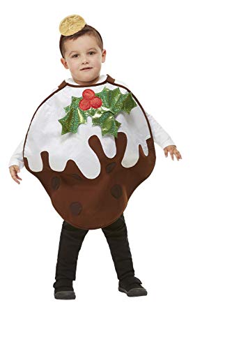Child wearing a brown Christmas pudding costume with holly detail.