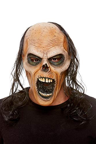 Brown latex zombie mask with exposed teeth and dark, stringy hair.