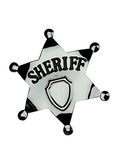 Silver metal sheriff star badge with black accents and “SHERIFF” text.