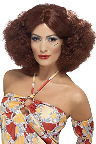 Auburn afro wig with a middle parting, worn by a model.