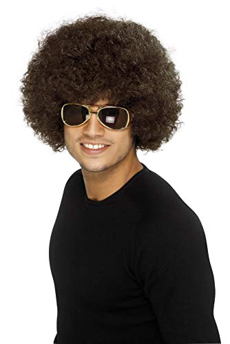 Man wearing a large, brown 70s-style afro wig and sunglasses.