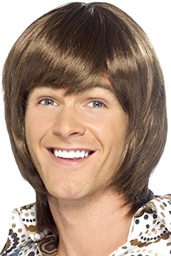 Brown, layered wig styled in a 1970s heartthrob fashion on a model.