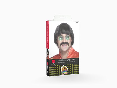 Man wearing a black wig, green glasses, and fake mustache, dressed in a red satin costume.