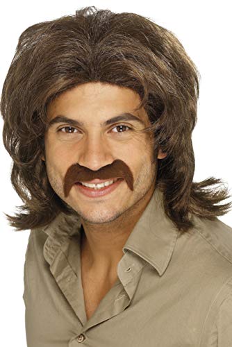 Man wearing a long, wavy brown 1970s style wig and mustache.