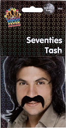 Man with long black wig and mustache, packaged as "Seventies Tash" costume accessory.