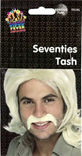 Man wearing blonde wig and fake blonde moustache, packaged as "Seventies Tash" costume.