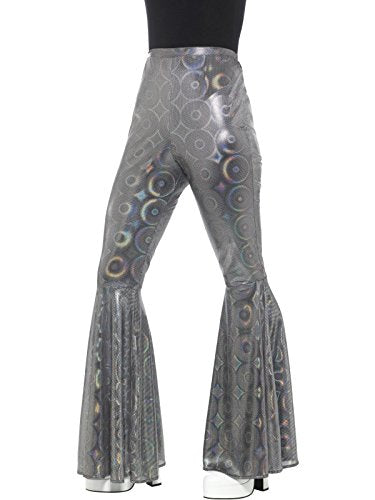 Shiny silver flared trousers with circular pattern, worn with black top and white shoes.