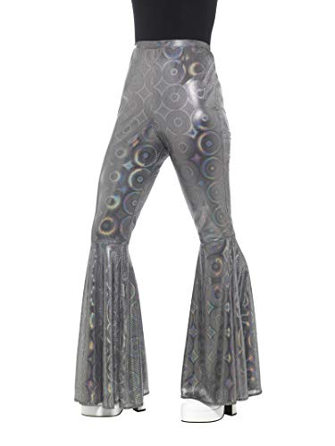 Silver flared trousers with a geometric pattern, shown on a mannequin.
