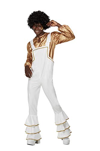 Man wearing a 1970s-style gold and white glam rock costume.