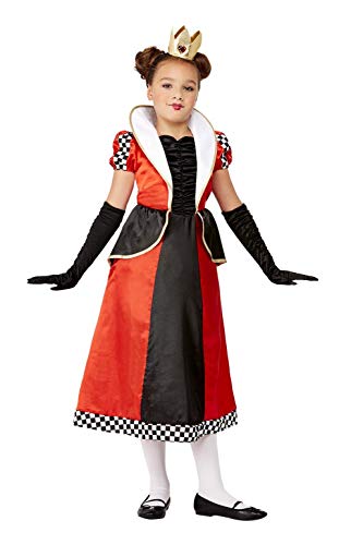 Girl in a red and black Queen of Hearts costume with a crown.