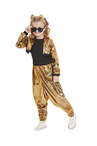 Young girl in a shiny gold 80s-style tracksuit and sunglasses.